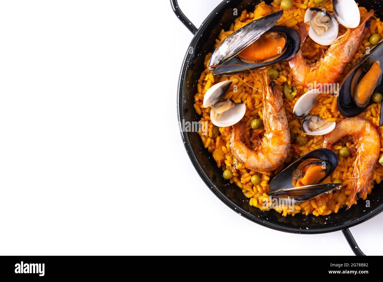 Traditional spanish seafood paella isolated on white background Stock Photo