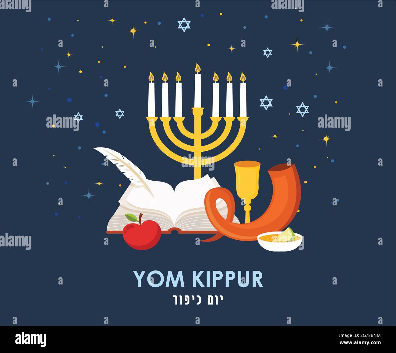 Greeting card for Jewish holiday Yom Kippur and jewish New Year, rosh hashanah, with traditional icons. Yom Kippur in hebrew. pattern with traditional Stock Vector