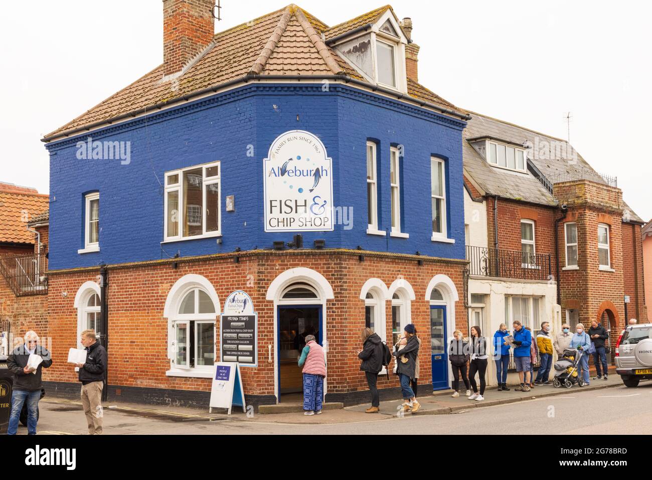 Exterior of the award-winning Aldeburgh Fish and Chip Shop in the high street. Stock Photo