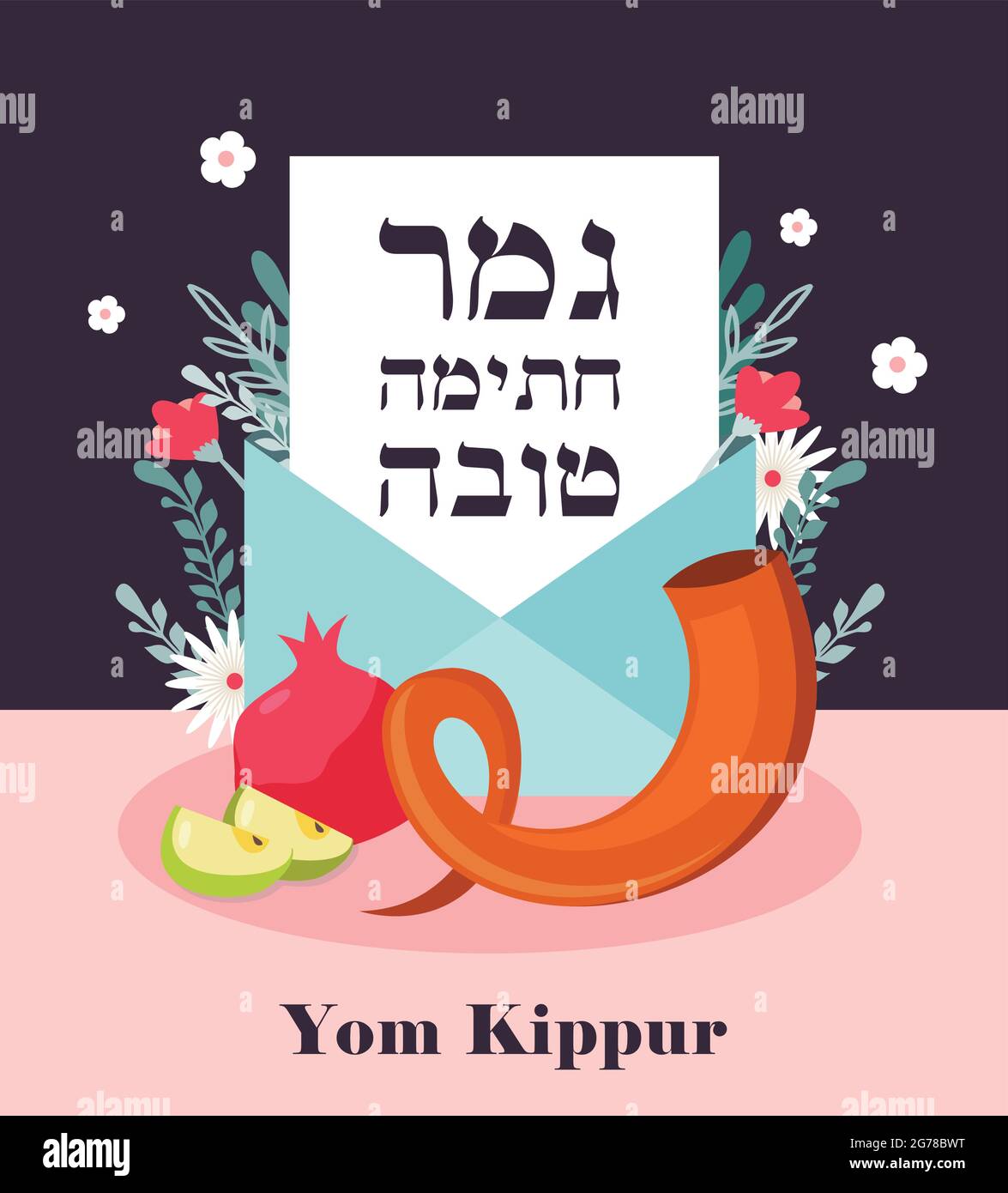 Greeting Card For Yom Kippur And Jewish New Year Rosh Hashanah With Traditional Icons Traditional Greeting In Hebrew May You Be Sealed In The Book Stock Vector Image Art Alamy