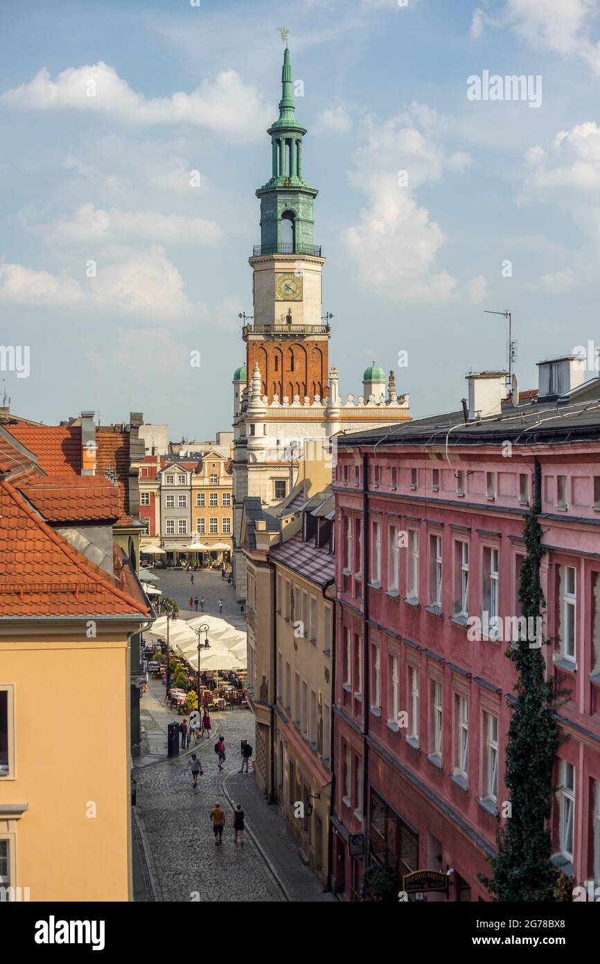 View on Zamkowa street, the old market square and the town hall tower in Poznan, Poland Stock Photo