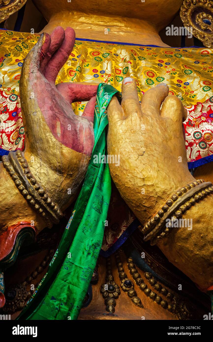 Hands of Maitreya Buddha close up Stock Photo