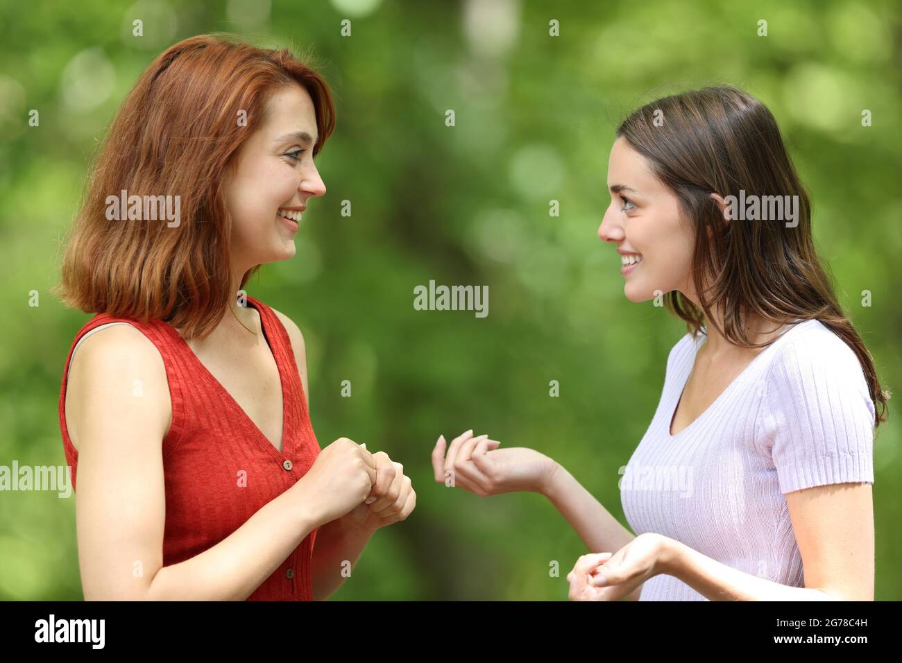 Two happy friends talking looking each other in a green park Stock Photo