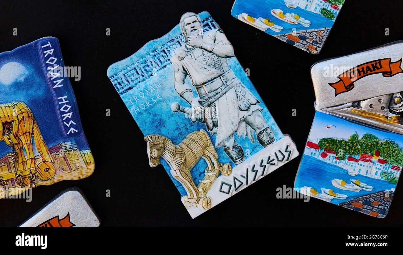 Ionian Islands, Ithaca, island of Odysseus, capital, Vathi, souvenir shop, display, colorful clay tablets, Odysseus as a motif, on a black background Stock Photo