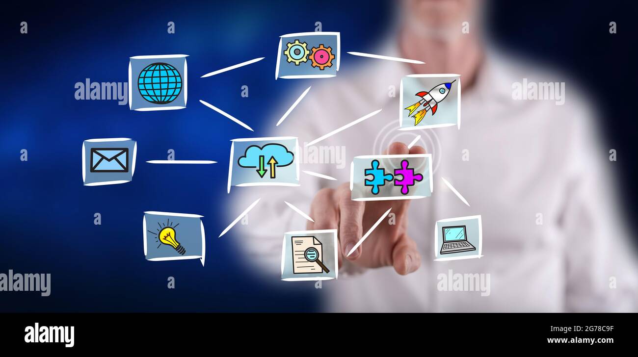 Touch In Computing Man touching a cloud computing concept on a touch screen with his ...