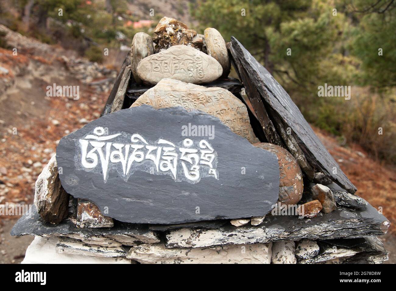 Mani wall and stone with buddhist symbols, Nepal himalayas mountains ...