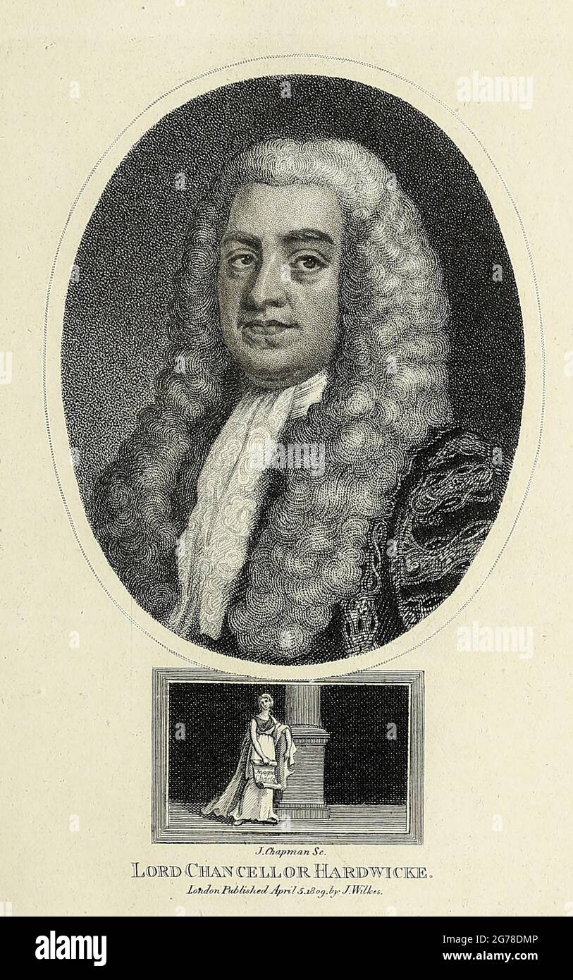 Philip Yorke, 1st Earl of Hardwicke, PC (1 December 1690 – 6 March 1764) was an English lawyer and politician who served as Lord High Chancellor of Great Britain. He was a close confidant of the Duke of Newcastle, Prime Minister between 1754 and 1756 and 1757 until 1762. Copperplate engraving From the Encyclopaedia Londinensis or, Universal dictionary of arts, sciences, and literature; Volume IX;  Edited by Wilkes, John. Published in London in 1811 Stock Photo