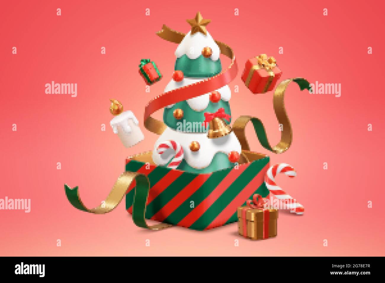 3d Xmas tree in an unboxed gift. Illustration of Christmas tree in an opened box with ribbons, floating candle, and more unwrapped presents showing up Stock Vector