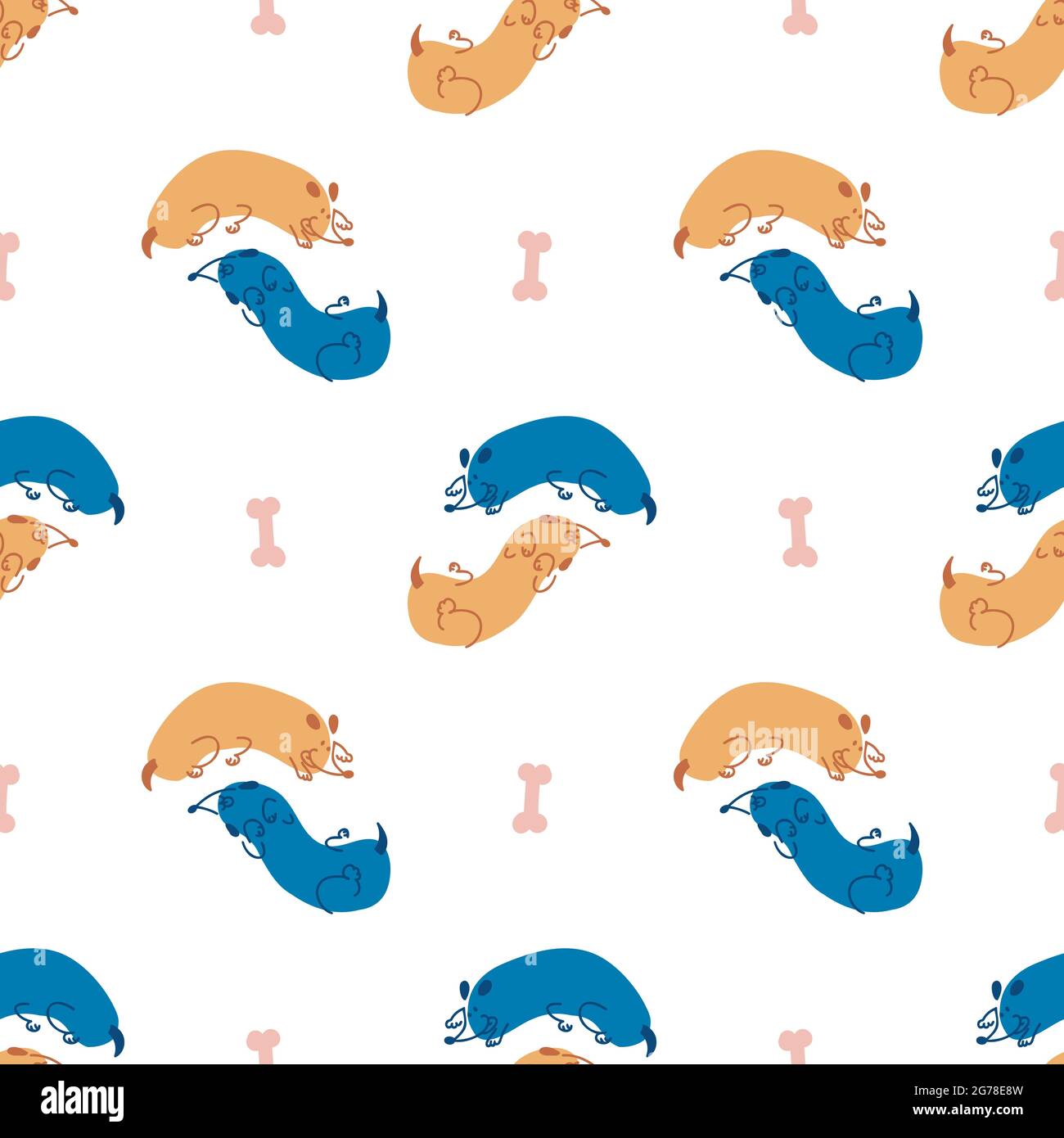 Seamless cute cartoon pet dog doodle pattern. Whimsical minimal 2 tone