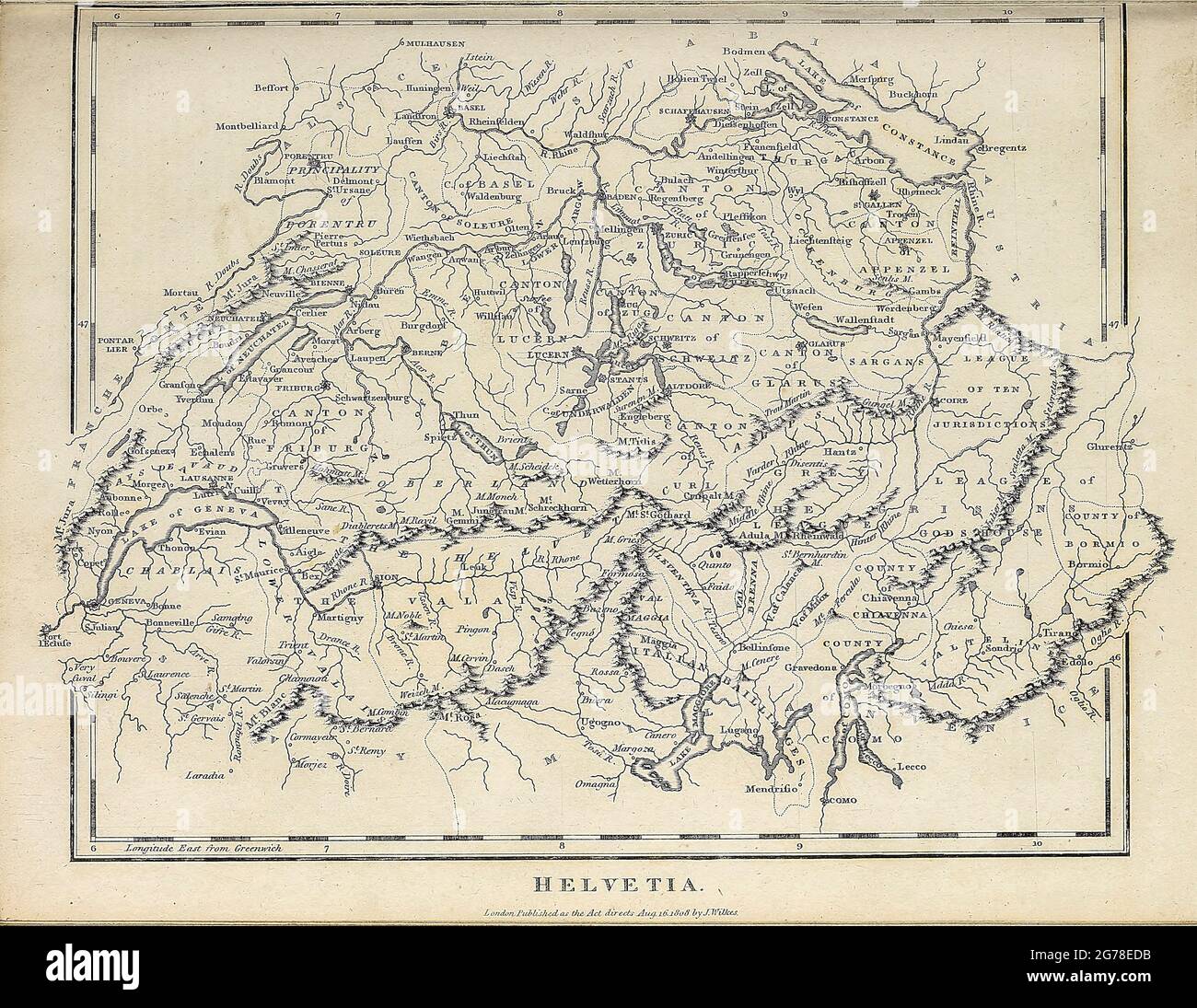 18th Century map of Helvetia (Switzerland) Copperplate engraving From the Encyclopaedia Londinensis or, Universal dictionary of arts, sciences, and literature; Volume IX;  Edited by Wilkes, John. Published in London in 1811 Stock Photo