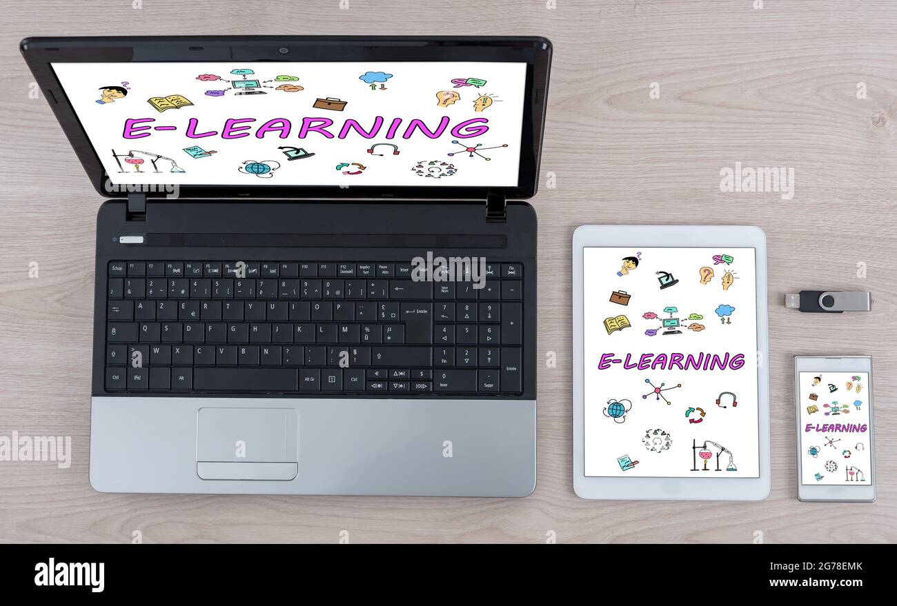 E-learning concept shown on different information technology devices Stock Photo