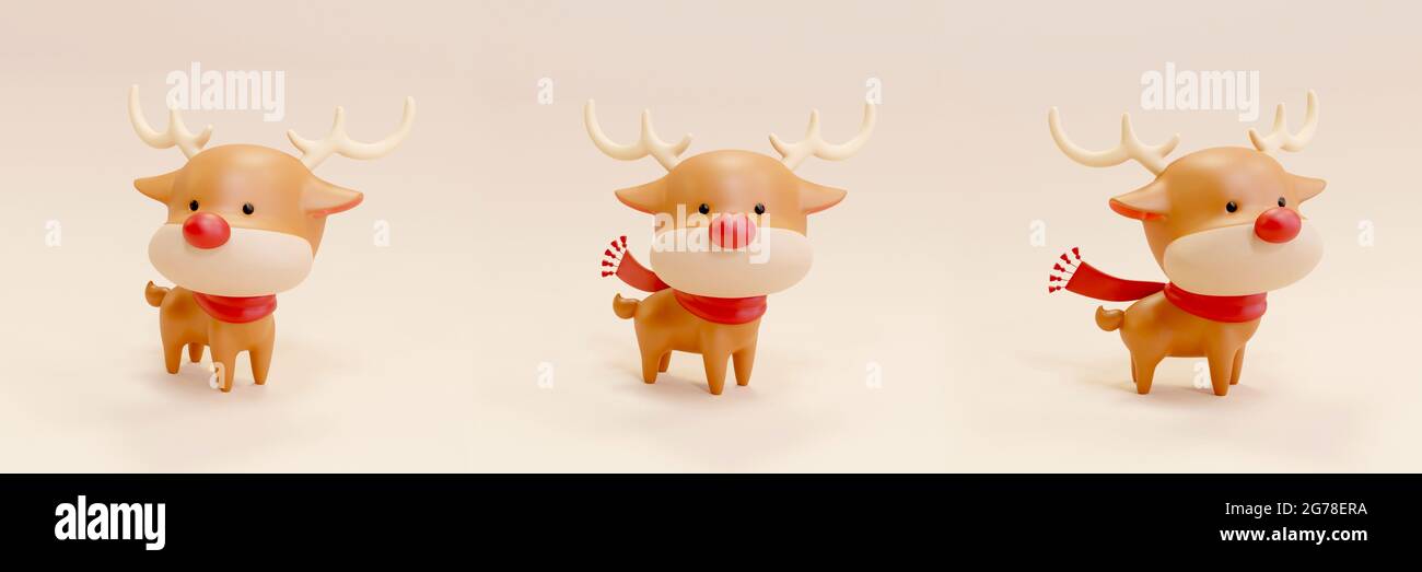 3d cute Christmas reindeer figurine. Illustration of the Christmas deer wearing red muffler with