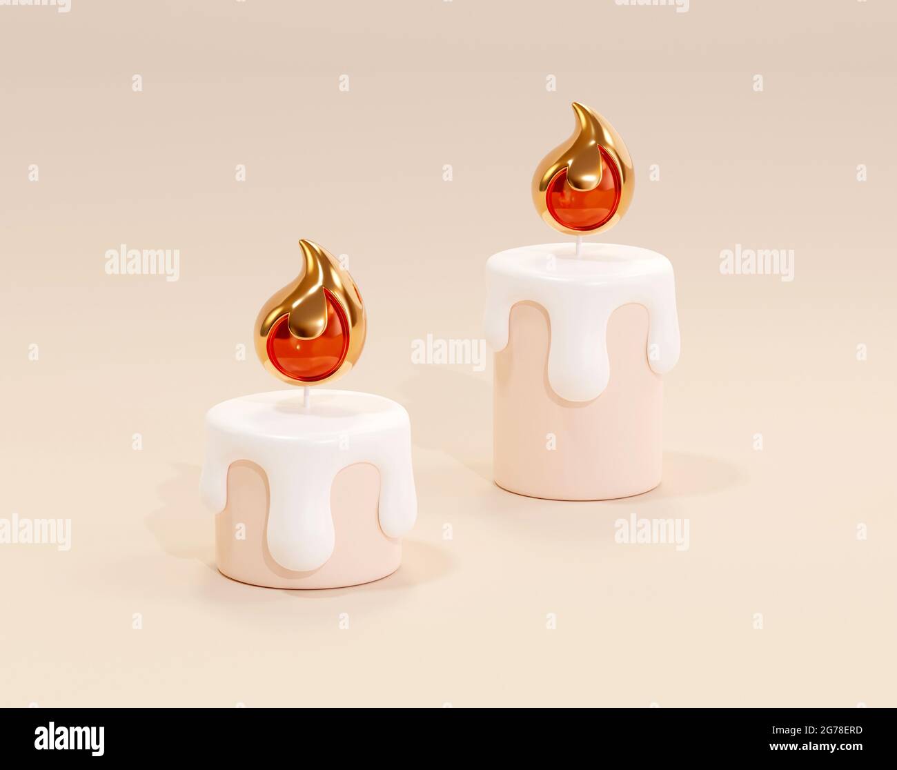 3d melted candles and flame lights. Illustration of two lit candles suitable for Christmas
