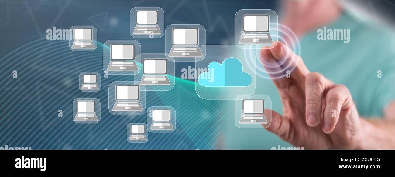 Touch In Computing Man touching a cloud computing concept on a touch screen with his ...