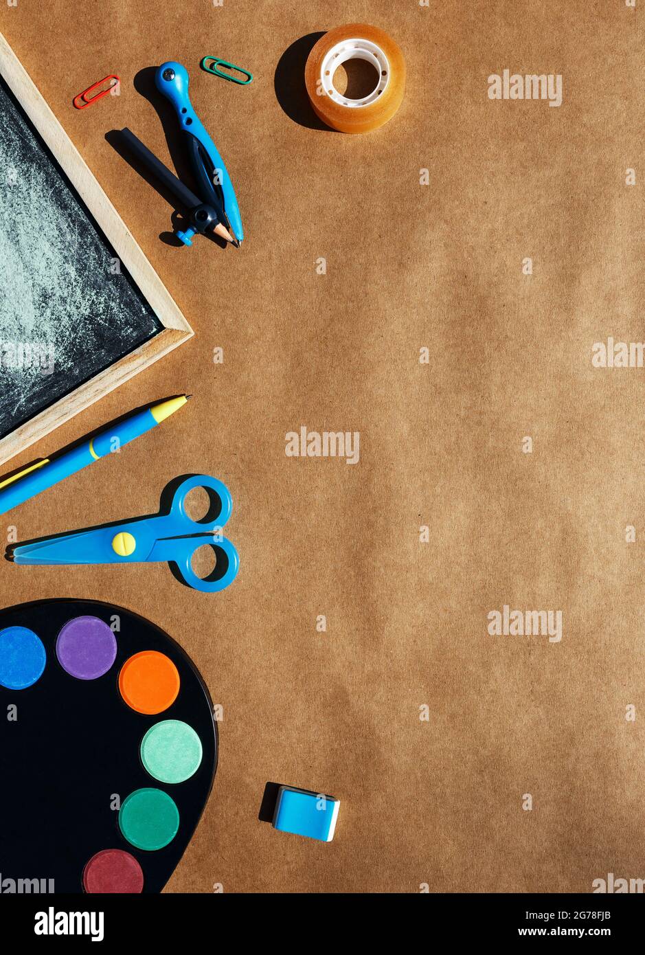 Back to school bright concept, frame with colorful school supplies on ...