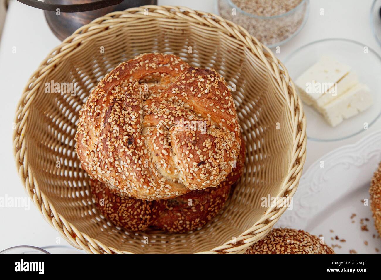 Sesame cookies, cheese, baked goods, bread basket, Ramadan, Turkish, culture, fasting month Stock Photo