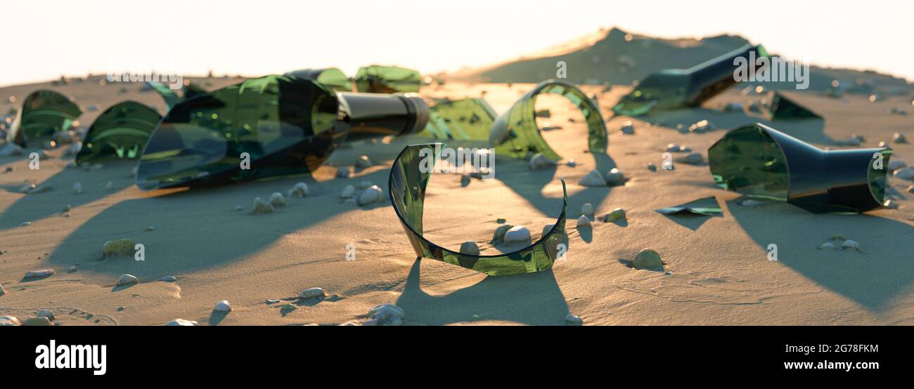 Broken glass bottles on the beach concept 3d render Stock Photo