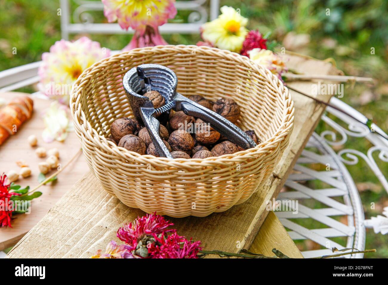 Basket, walnuts, nutcracker, Stock Photo