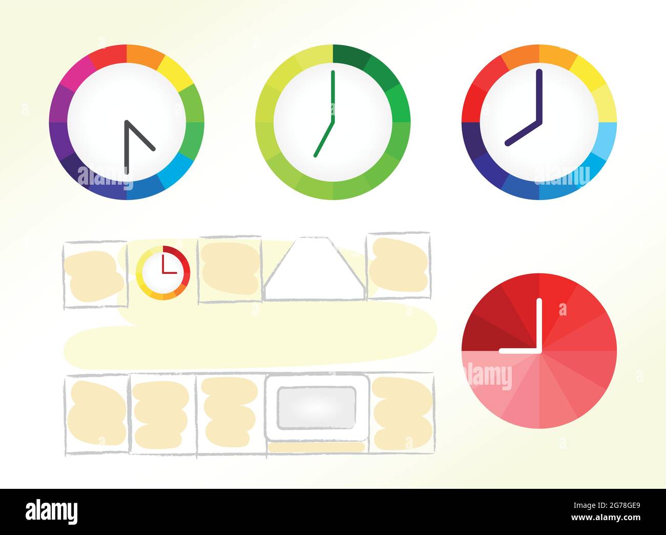 Clock design ideas. Set of bright coloured clock vector icons and kitchen schematic picture. O
