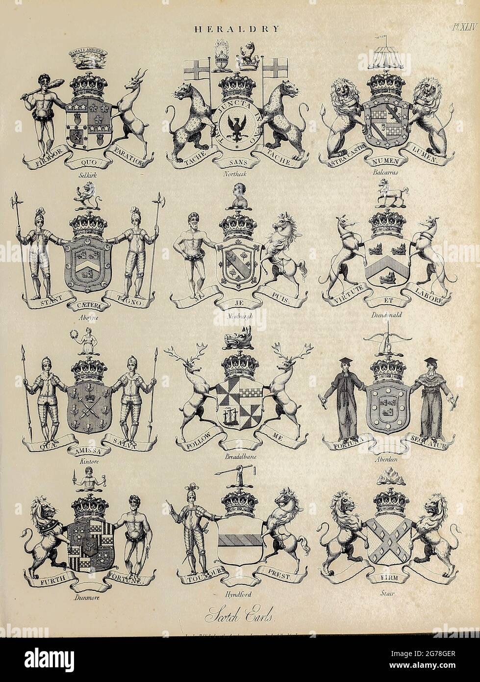 Royal armorial bearings Heraldry is a discipline relating to the design, display and study of armorial bearings (known as armory), as well as related disciplines, such as vexillology, together with the study of ceremony, rank and pedigree. Armory, the best-known branch of heraldry, concerns the design and transmission of the heraldic achievement. The achievement, or armorial bearings usually includes a coat of arms on a shield, helmet and crest, together with any accompanying devices, such as supporters, badges, heraldic banners and mottoes. Copperplate engraving From the Encyclopaedia Londine Stock Photo
