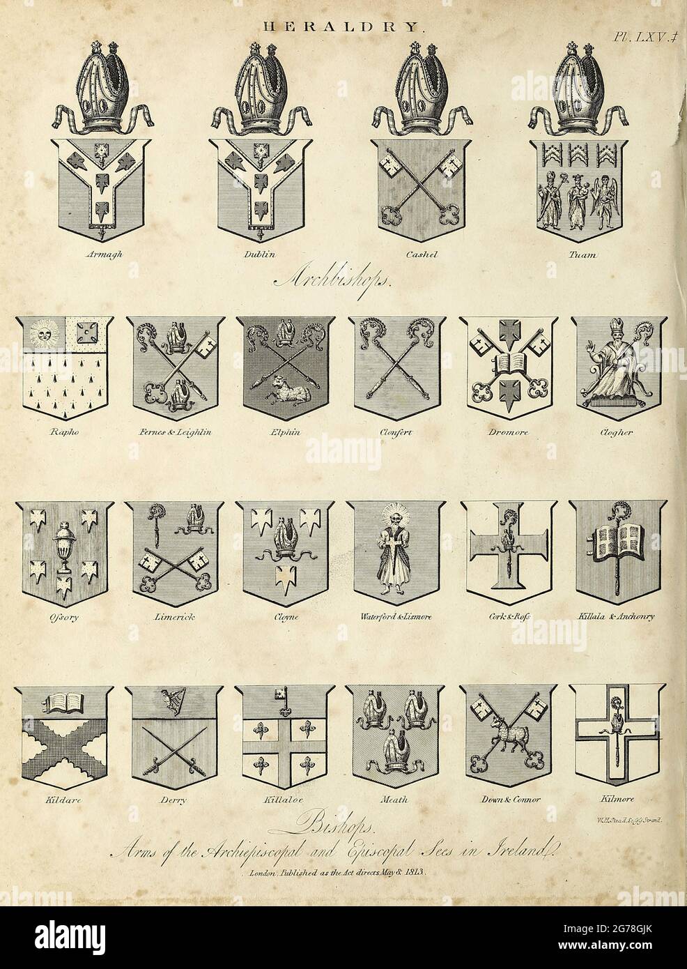 Bishops Heraldry is a discipline relating to the design, display and study of armorial bearings (known as armory), as well as related disciplines, such as vexillology, together with the study of ceremony, rank and pedigree. Armory, the best-known branch of heraldry, concerns the design and transmission of the heraldic achievement. The achievement, or armorial bearings usually includes a coat of arms on a shield, helmet and crest, together with any accompanying devices, such as supporters, badges, heraldic banners and mottoes. Copperplate engraving From the Encyclopaedia Londinensis or, Univers Stock Photo