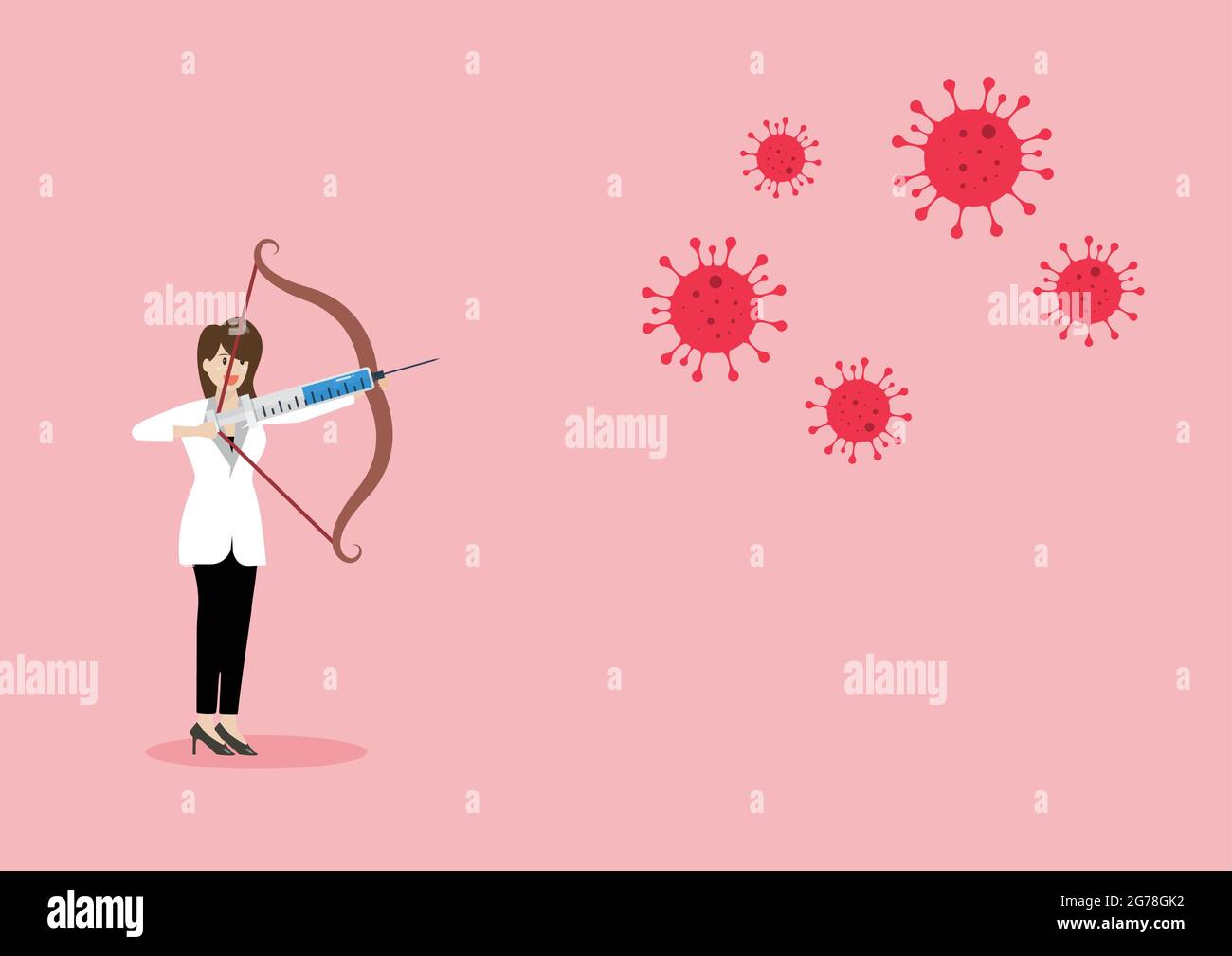 Female doctor fighting with coronavirus by syringe with vaccine. COVID-19 immunization concept. Stock Vector