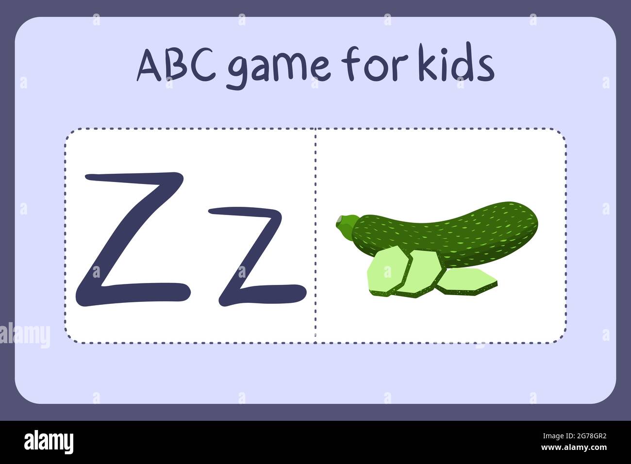 Kid alphabet mini games in cartoon style with letter Z- zucchini . Vector illustration for game design - cut and play. Learn abc with fruit and vegetable flash cards. Stock Vector