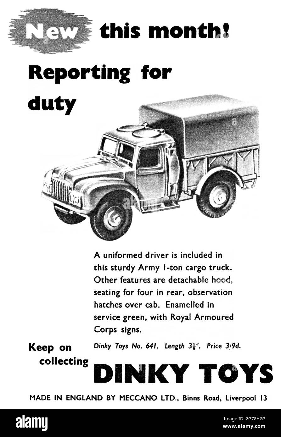 1954 British advertisement for Dinky Toys 1 ton army truck model. Stock Photo