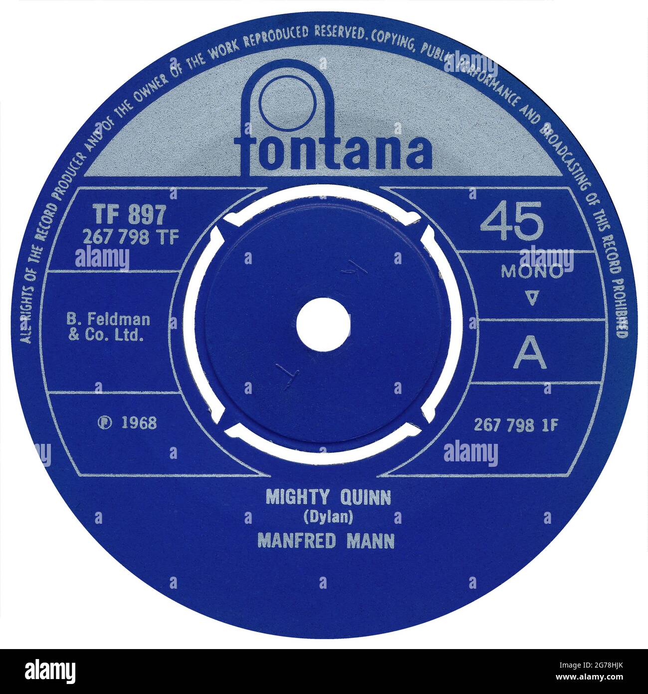 UK 45 rpm 7' single of Mighty Quinn by Manfred Mann on the Fontana label from 1968. Written by Bob Dylan and produced by Mike Hurst. Stock Photo