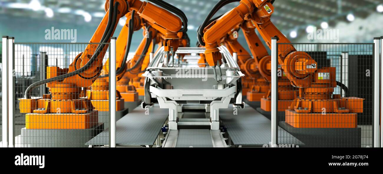 Modern car production line with robotic arms welding components 3d render Stock Photo