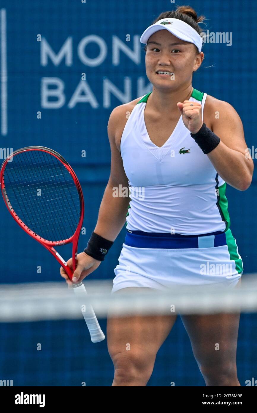 Grace Min (USA) celebrates her victory against Samantha Stosur (Australia)  during the Livesport Prague Open WTA women's tennis tournament, on July 12,  2021, in Prague, Czech Republic. (CTK Photo/Vit Simanek Stock Photo -