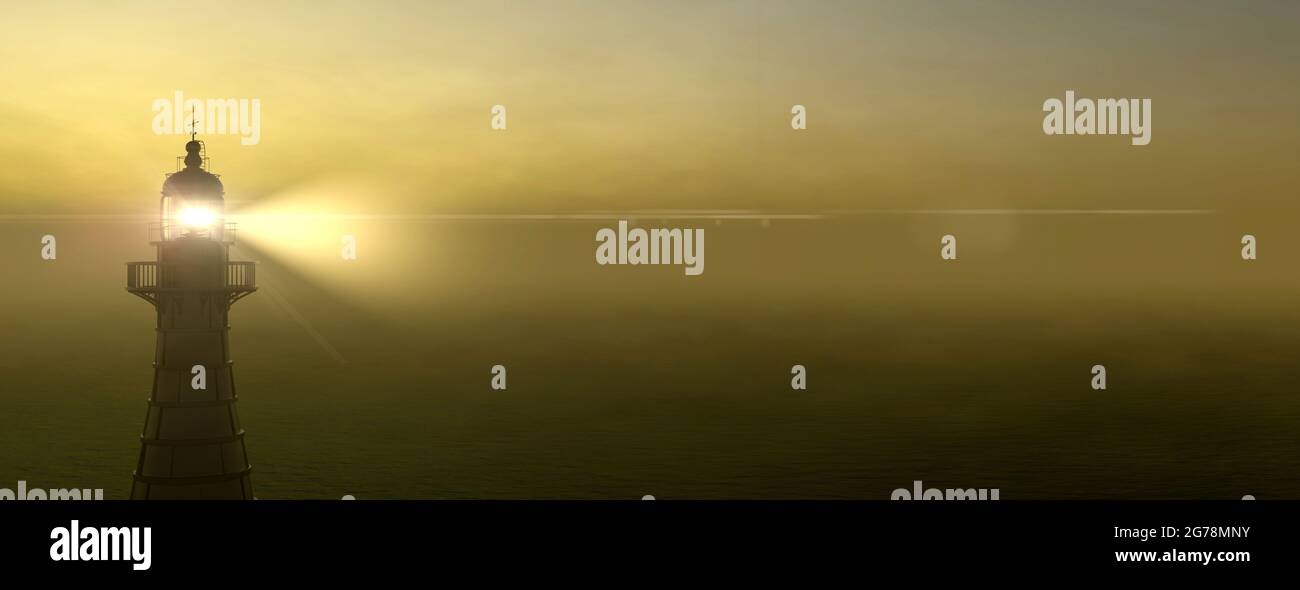 Panoramic lighthouse with its light beam shining through thick fog 3d ...