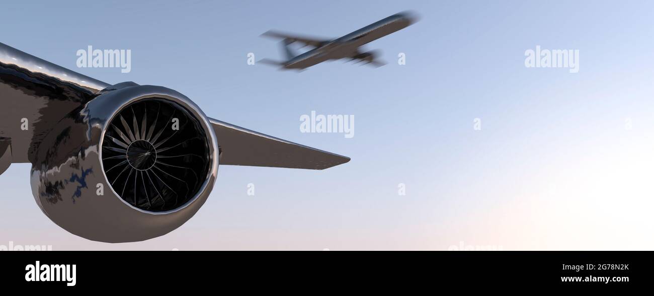 Aircraft jet engine and wing on a clear day with a commercial jet airliner flying over head 3d render Stock Photo