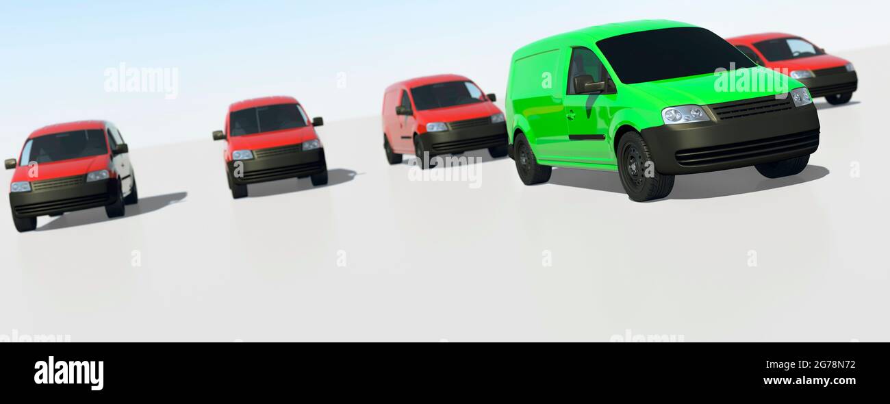 Green van in front of a row of red vans leading the way and environmentally friendly concept 3d