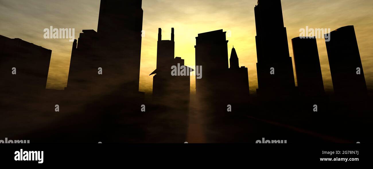 modern city skyline of skyscrapers in silhouette bathed in sunlight ...