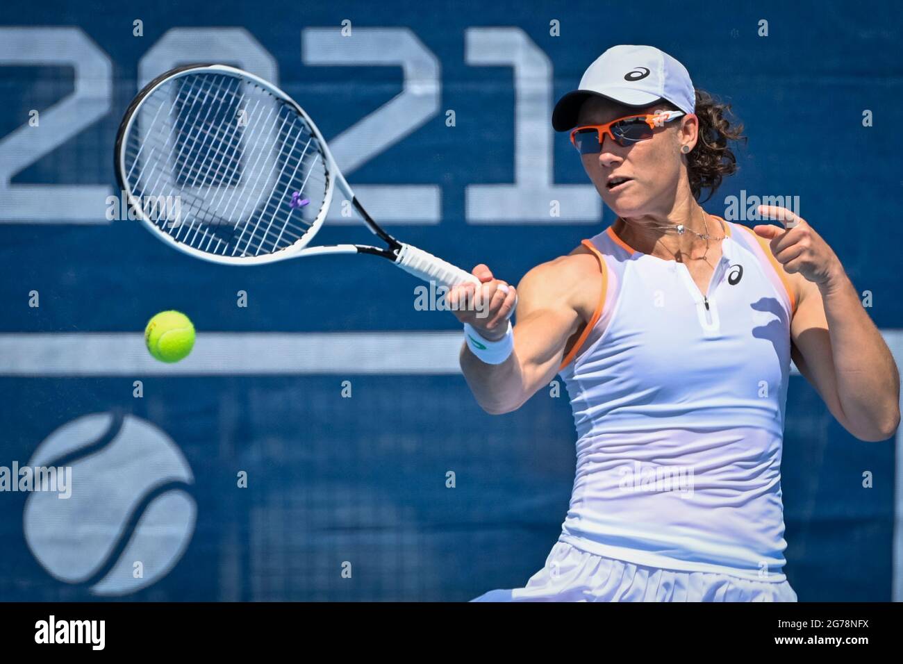 Prague, Czech Republic. 12th July, 2021. Samantha Stosur (Australia) in  action against Grace Min (USA) during the Livesport Prague Open WTA women's  tennis tournament, on July 12, 2021, in Prague, Czech Republic.