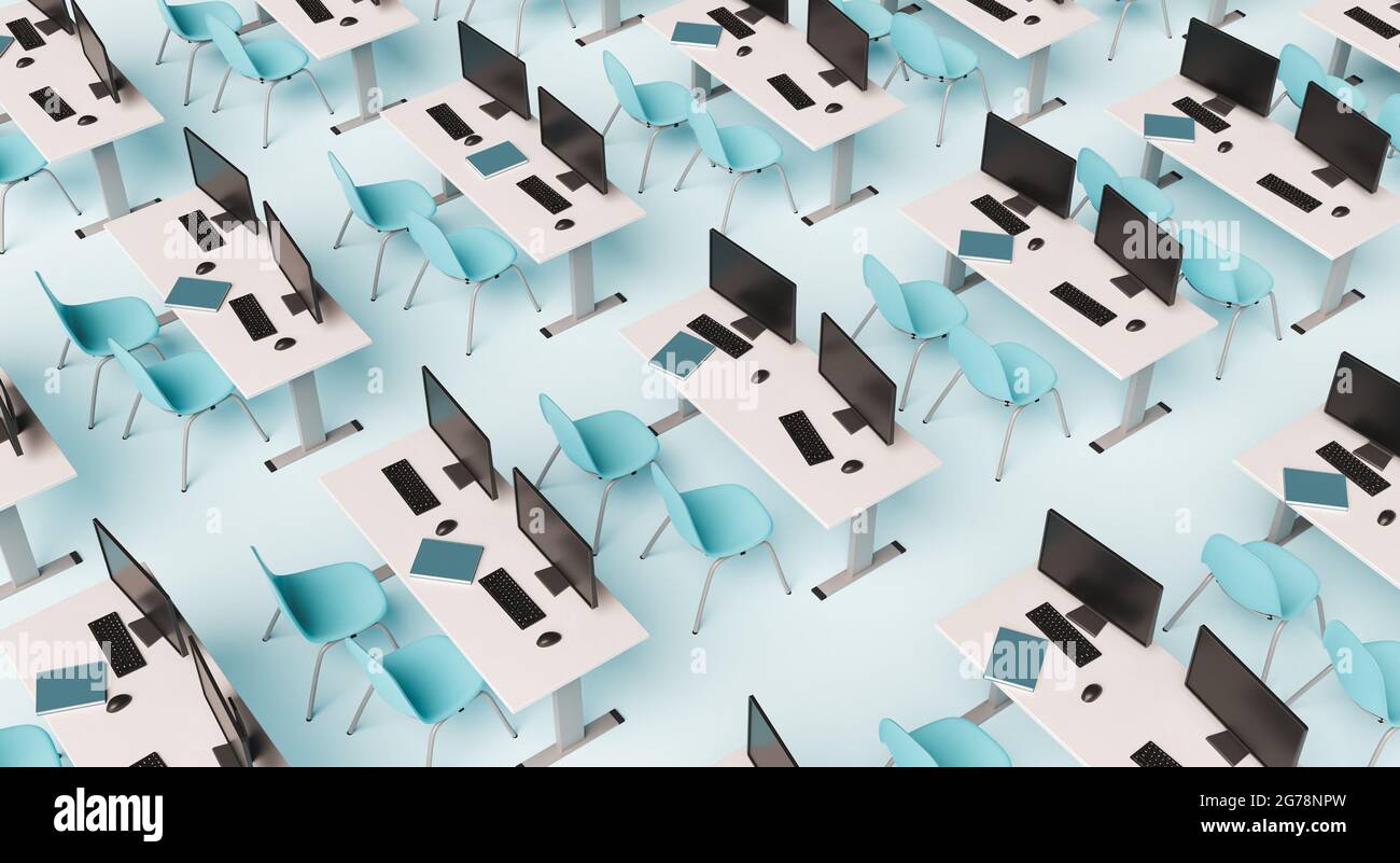 abstract pattern of modern desks with computers on minimalist blue ...