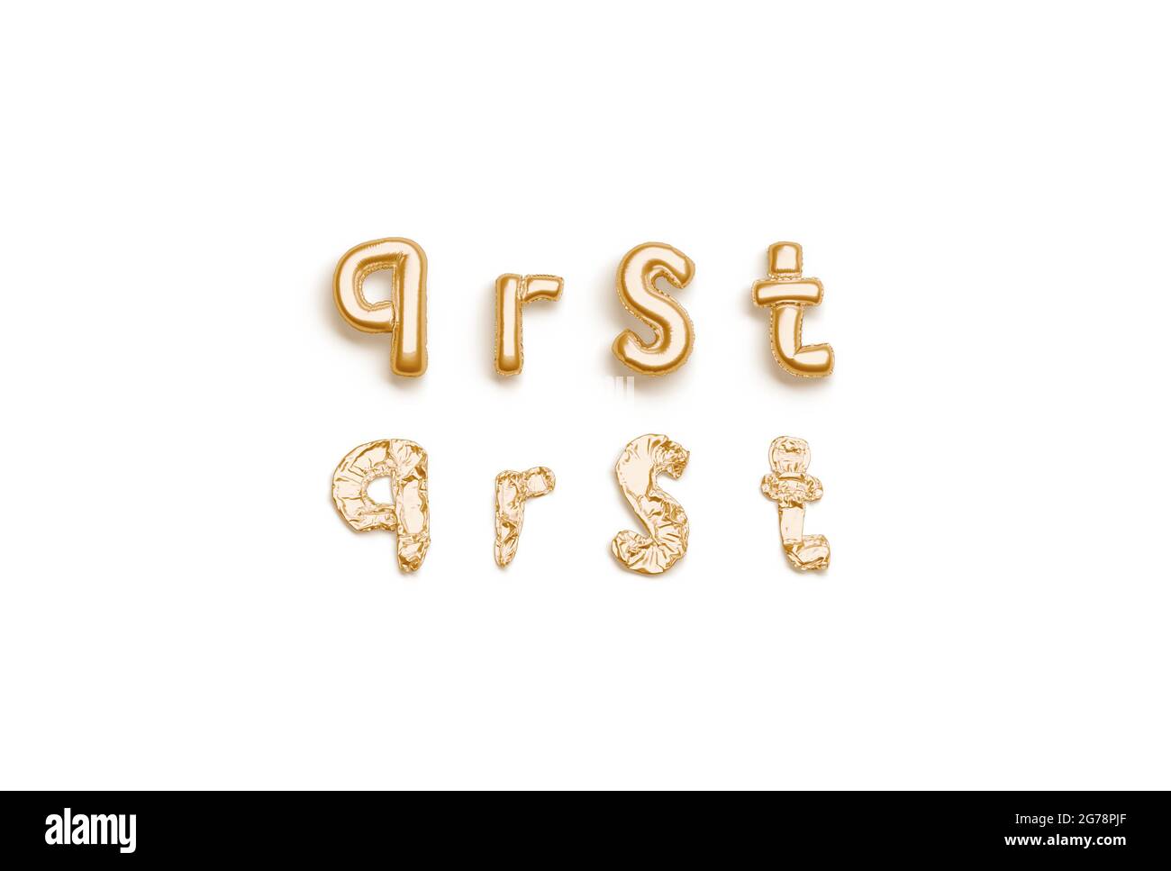 Inflated, deflated gold q r s t letters, balloon font, 3d rendering. Helium alphabet for decoration text. Golden latex sign with lowercase bubble for Stock Photo