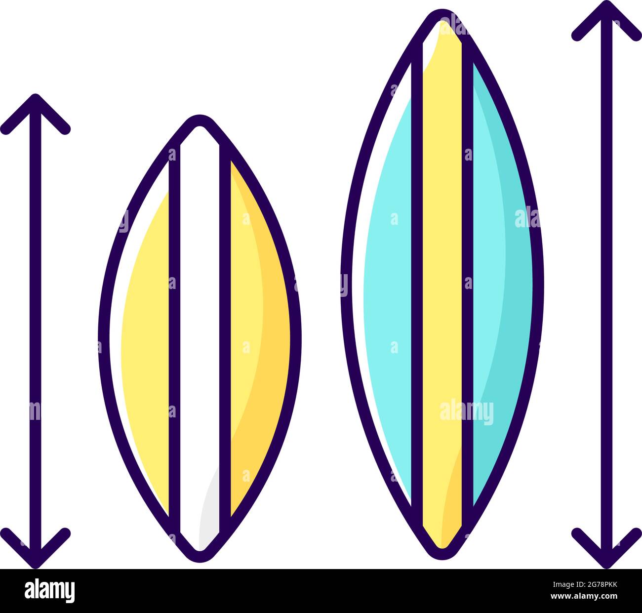 Choosing surfboard size RGB color icon Stock Vector