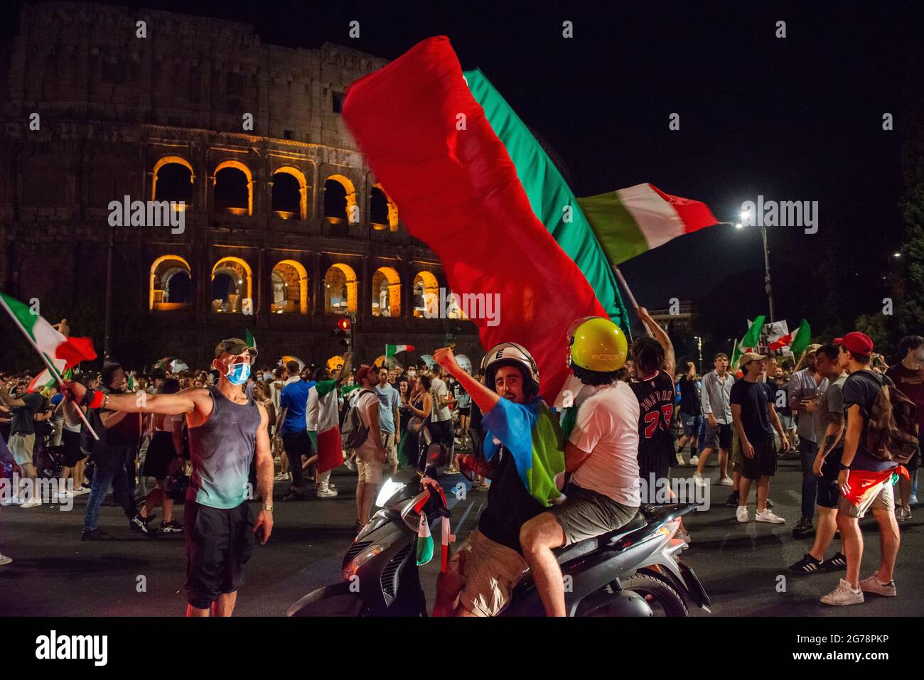 Rome, Italy 12/07/2021: Celebrations erupted in downtown Rome as thousands of people gathered in the streets after Italy beat England to win the Football European Championship at Wemble Stadium in London. © Andrea Sabbadini Stock Photo