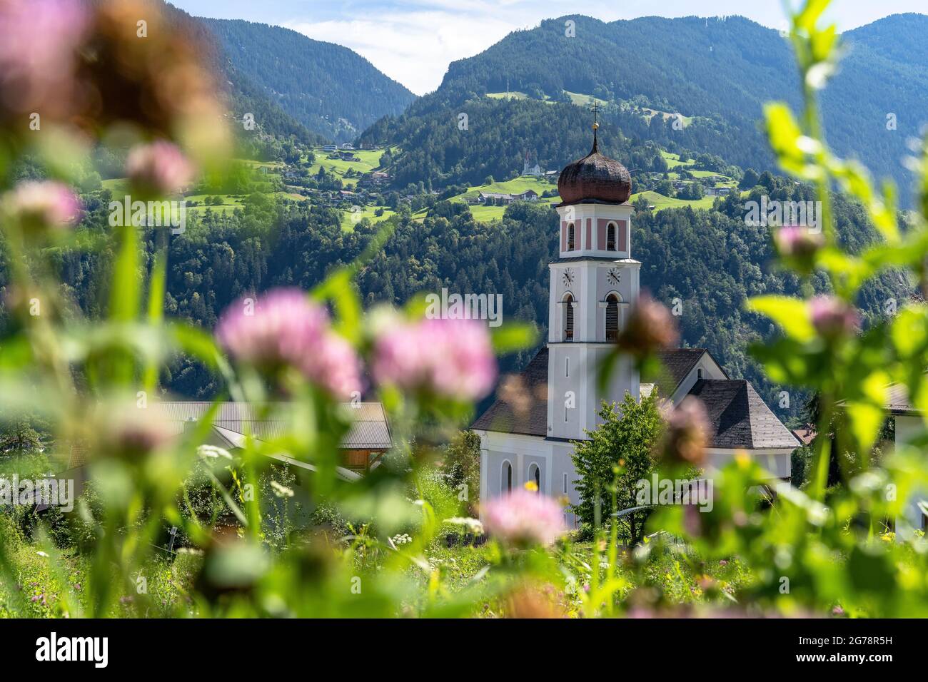 Europe, Austria, Tyrol, Ötztal Alps, Ötztal, Sautens, view over the parish church of Sautens to the Hochoetz high plateau Stock Photo
