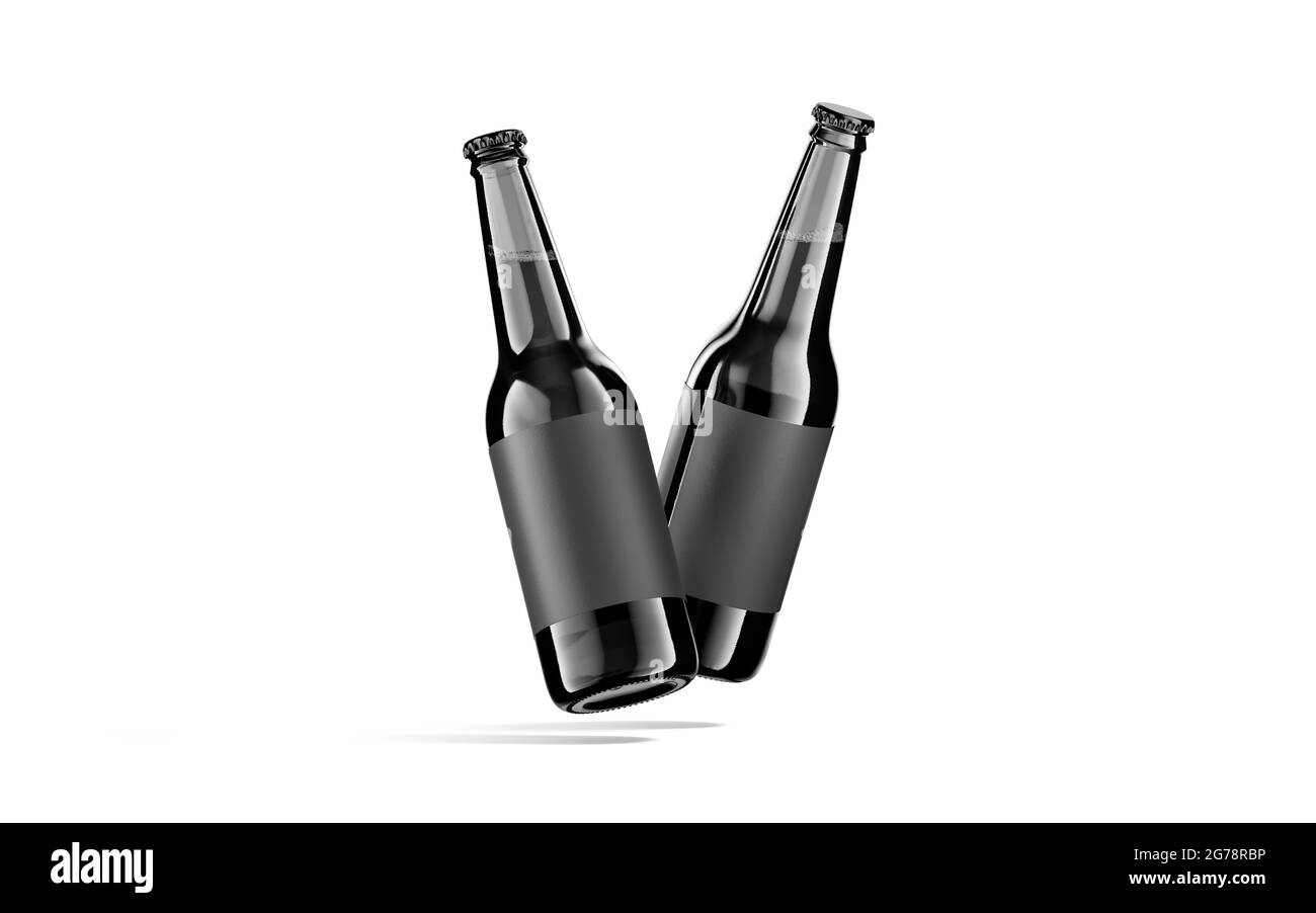 Blank black glass beer bottle with label mockup, no gravity, 3d