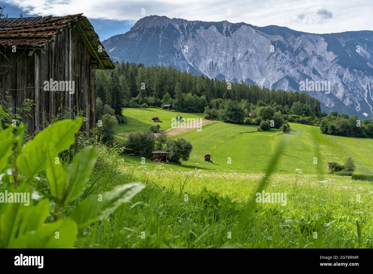 Europe, Austria, Tyrol, Ötztal Alps, Ötztal, Sautens, view over the mountain way to the mighty Tschirgant massif Stock Photo
