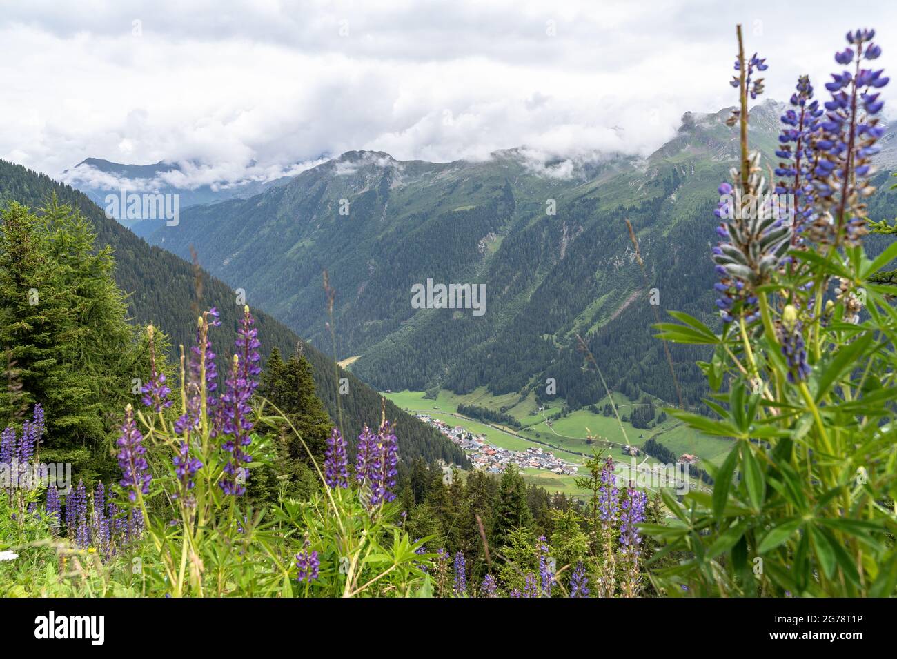 Europe, Austria, Tyrol, Verwall, Paznaun, Galtür, Friedrichshafener Hut, view down into the Paznaun Valley Stock Photo