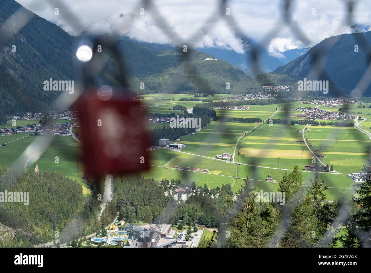 Europe, Austria, Tyrol, Ötztal Alps, Ötztal, Längenfeld, love lock on the Längenfeld suspension bridge Stock Photo