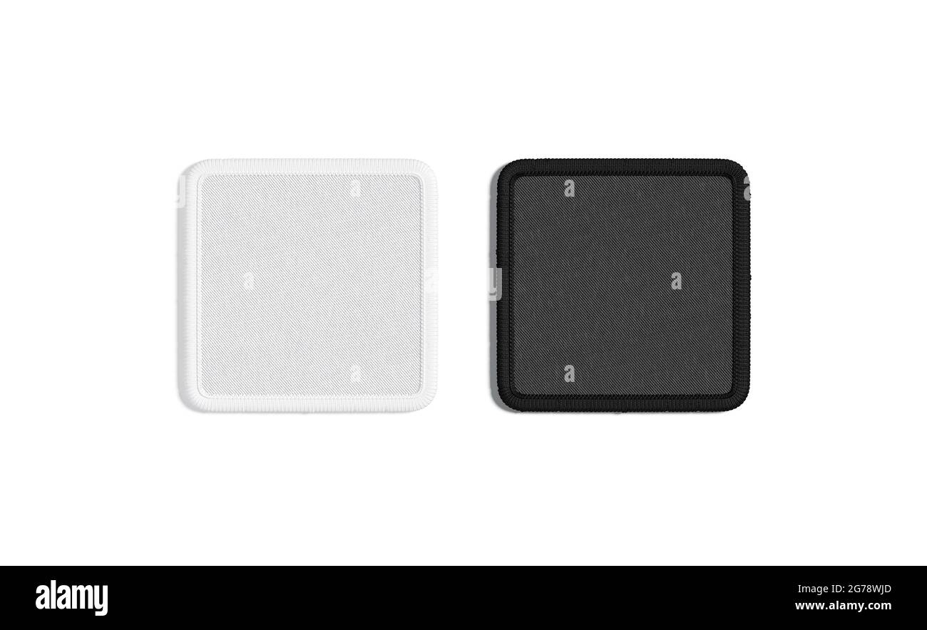 Blank black and white square embroidered patch mockup, top view, 3d