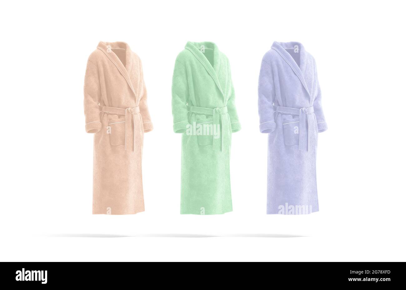 Blank colored hotel bathrobe mock up, side view, 3d rendering. Empty
