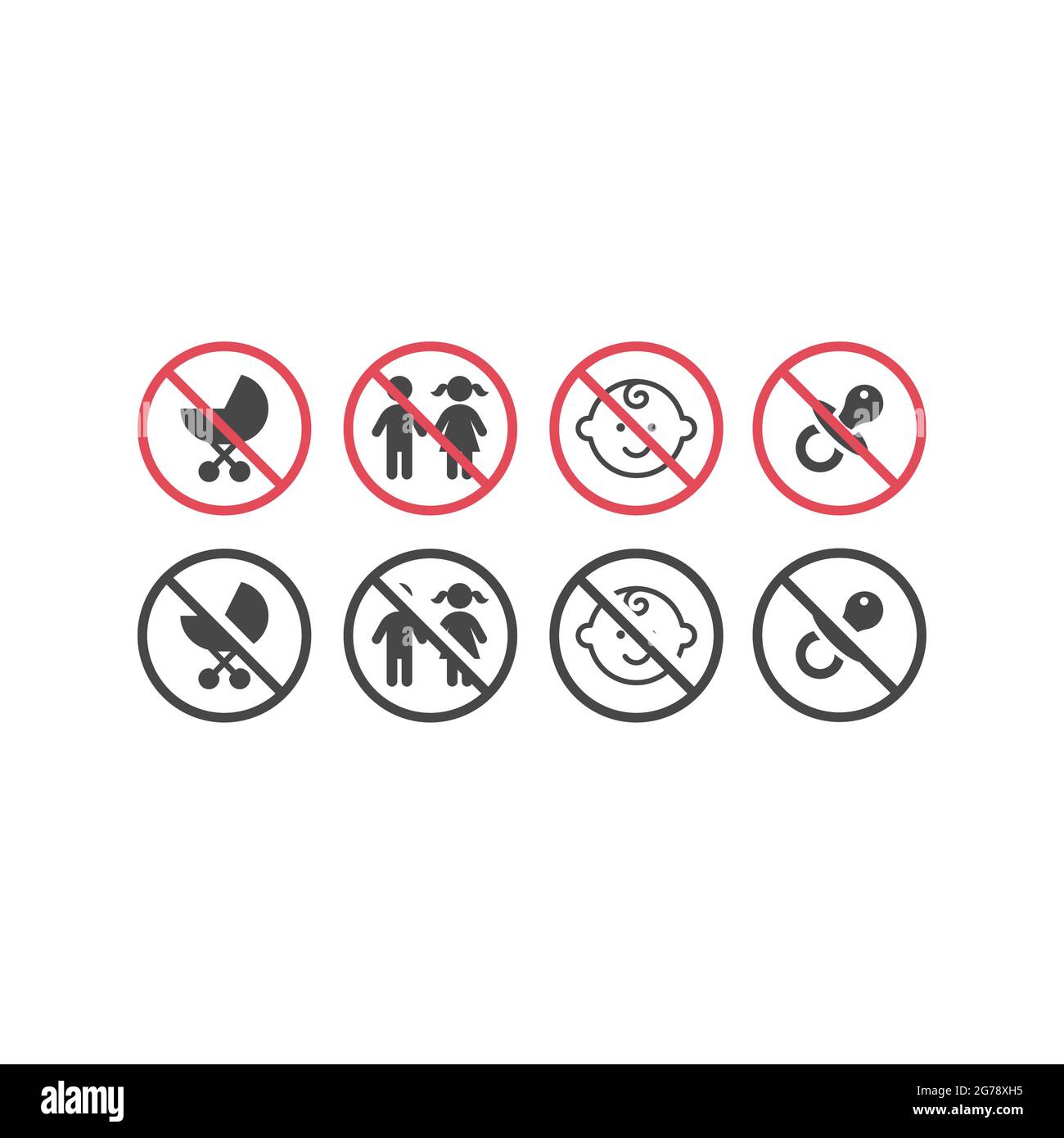 No children, no babies red prohibition sign. Not for kids signs with pram, dummy and baby vector icon set. Stock Vector