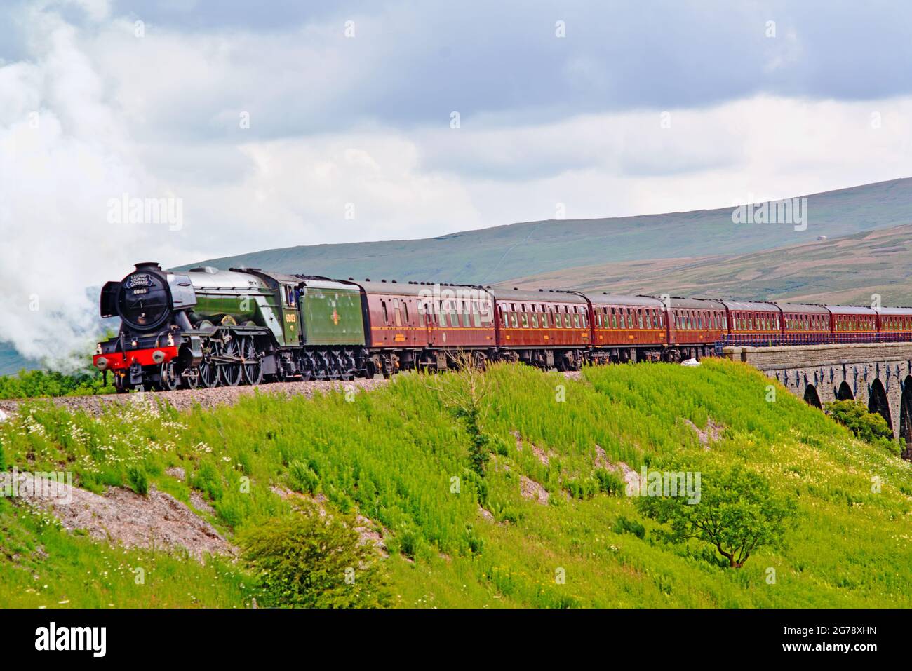A3 Pacific no 60103 flying Scotsman at Lunds Viaduct, Settle to Carlisle railway, England 11th July 2021 Stock Photo