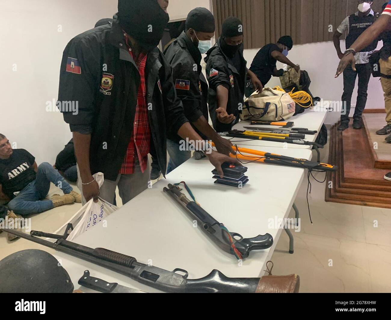 Haiti. 08th July, 2021. Haiti police display some of the weapons they say they took from men who were involved in the assassination of President Jovenel Moise. (Photo by Jacqueline Charles/Miami Herald/TNS/Sipa USA) Credit: Sipa USA/Alamy Live News Stock Photo